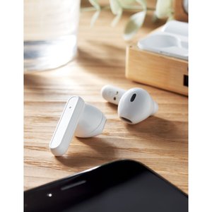 TWS earbuds in bamboo case