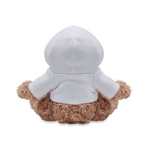 Dog plush wearing a hoodie